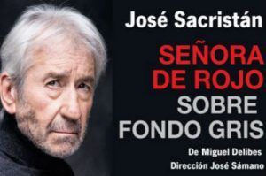 Vamos al teatro. Señora de rojo sobre fondo gris